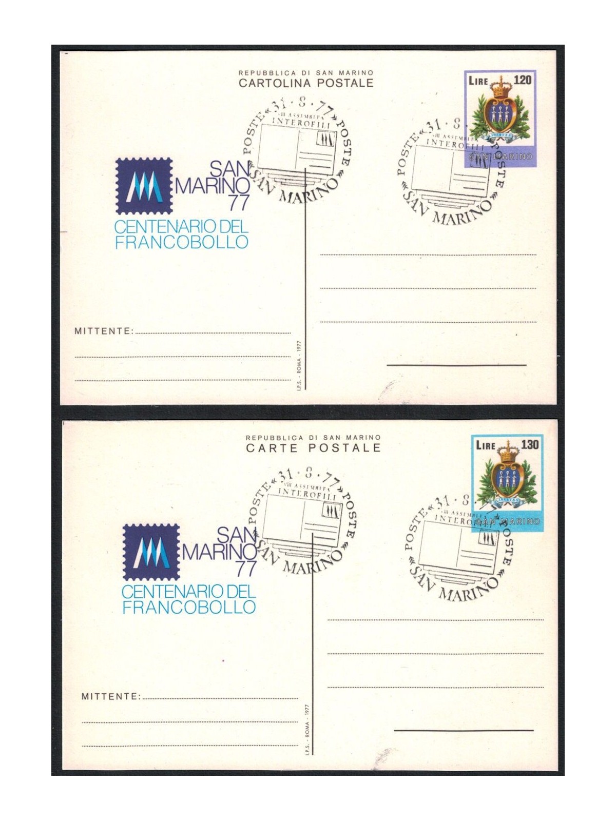 SAN MARINO 1977 Centenario del Francobollo, 2 cartoline postali FDC