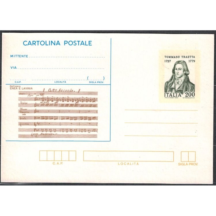 ITALIA 1982 Tommaso Traetta, Cartolina Postale £200 nuova