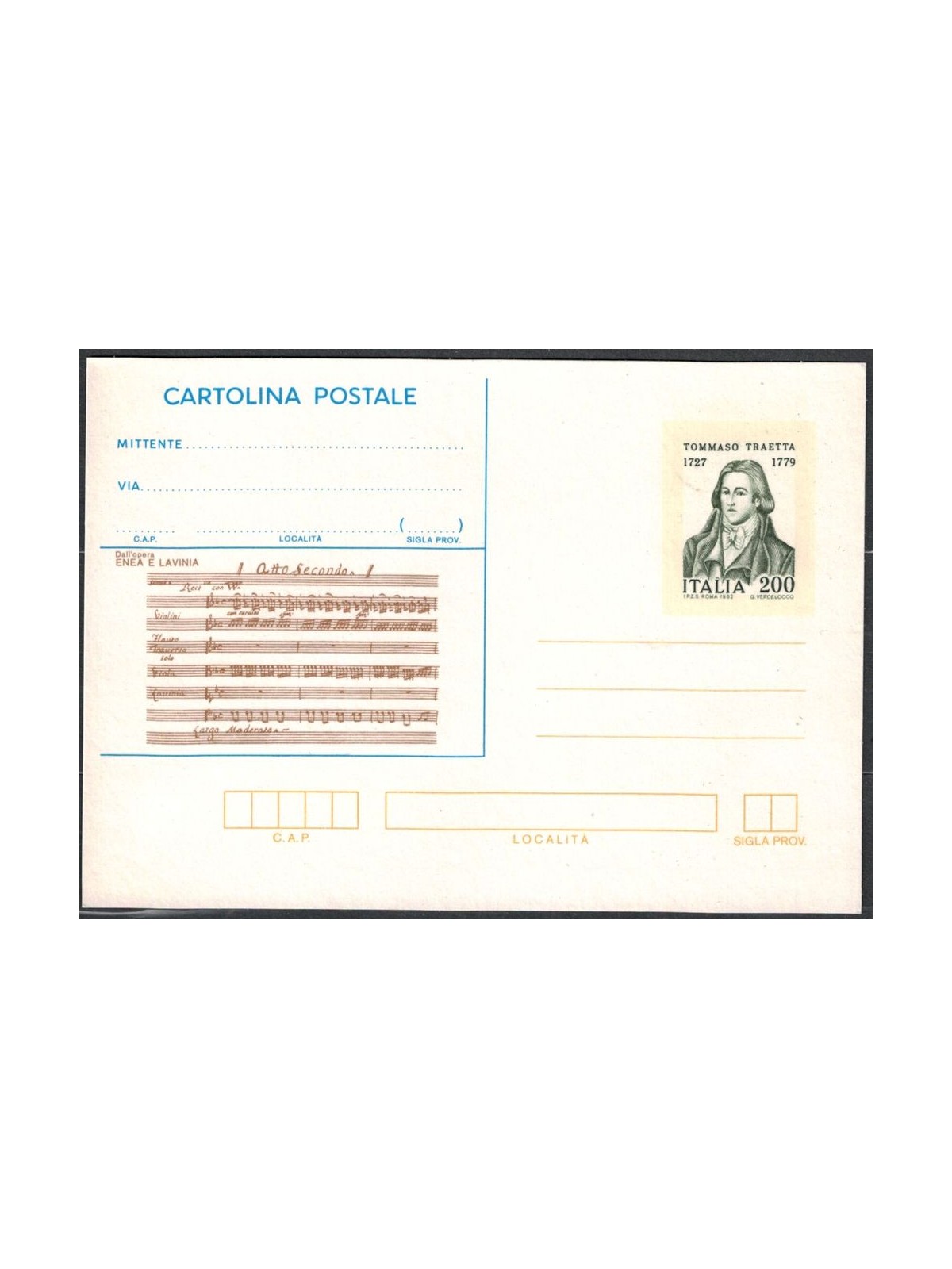 ITALIA 1982 Tommaso Traetta, Cartolina Postale £200 nuova