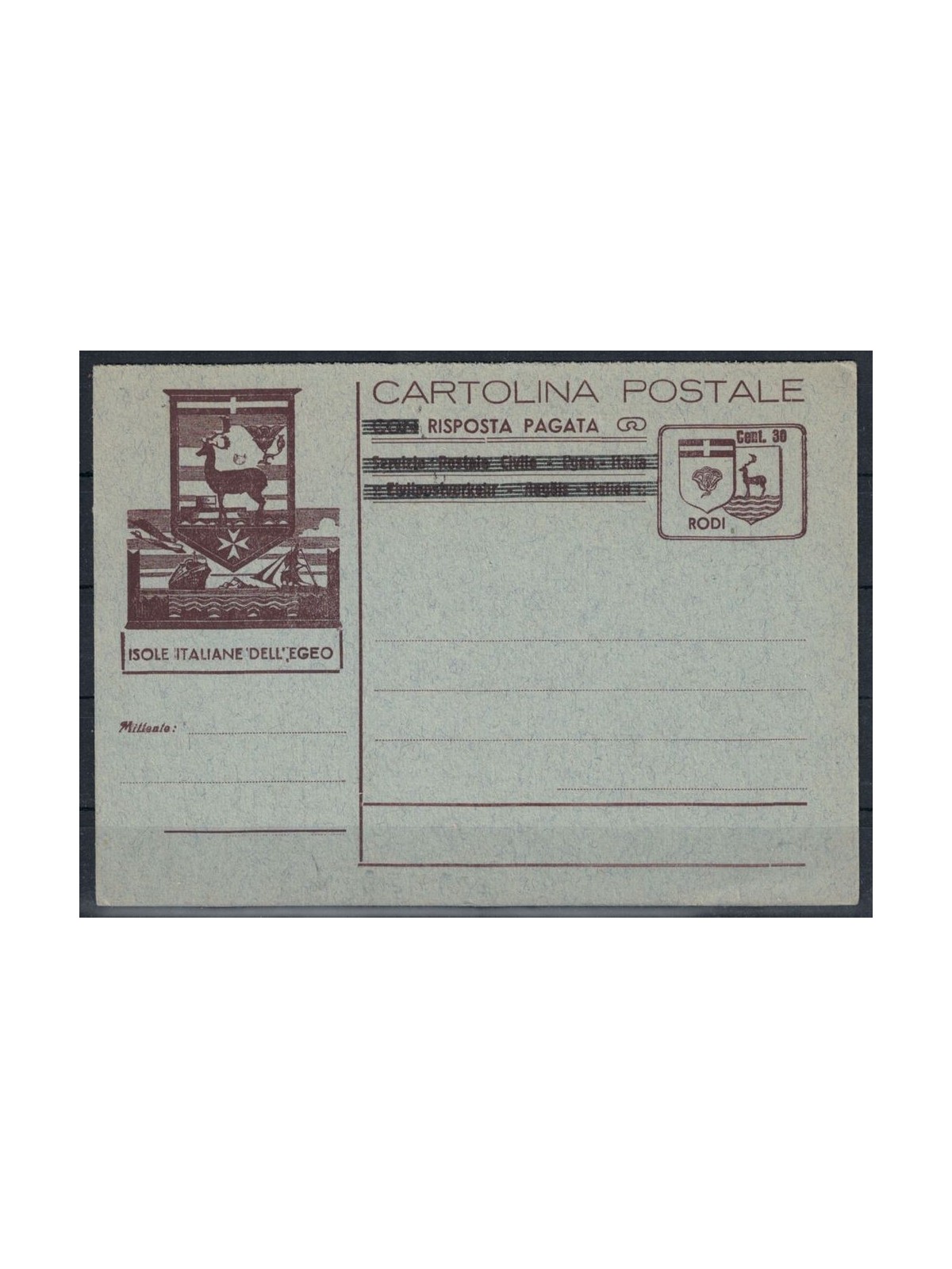 RODI OCC. TEDESCA 1943 Cartolina Postale nuova c. 30+30 bruno