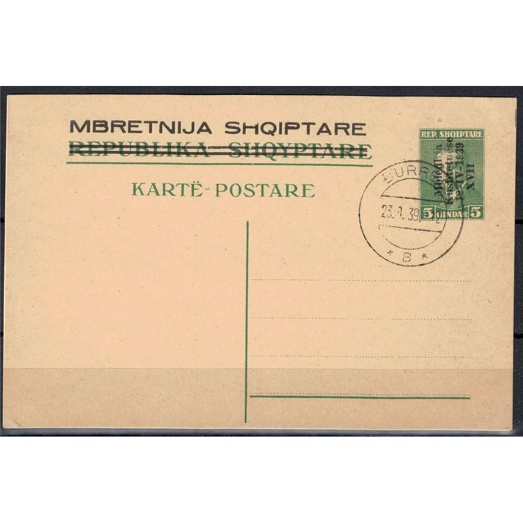 ALBANIA 1939 Constituent Assembly, Used Postcard q. 5 green on straw