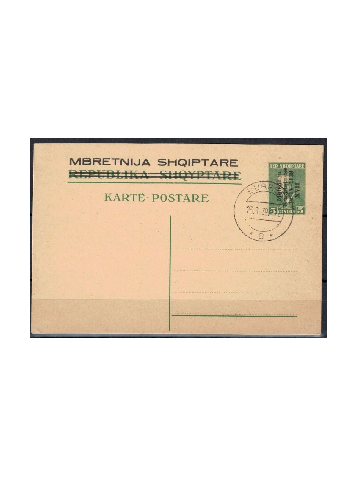 ALBANIA 1939 Assemblea costituente, Cartolina Postale usata q. 5 verde su paglierino