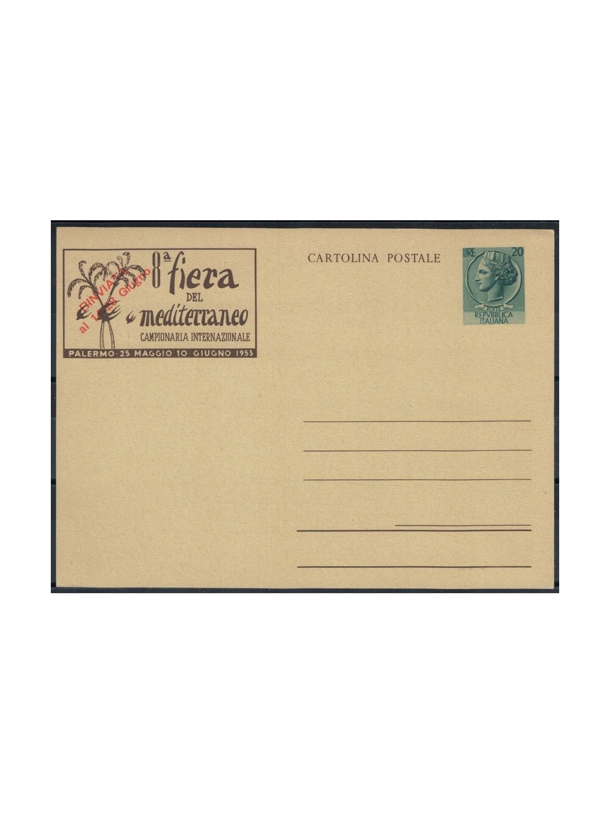 ITALY 1953 Mediterranean Fair £20 green, New Postcard