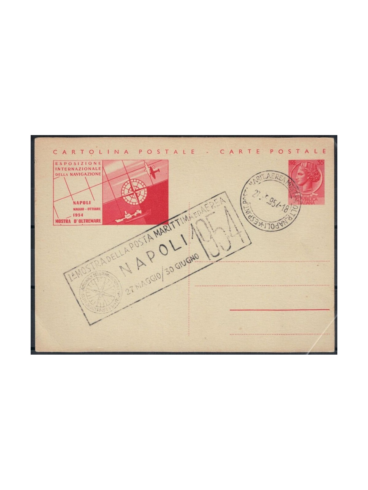 ITALY 1954 Overseas Exhibition £35 red, Postcard with exhibition cancellation.