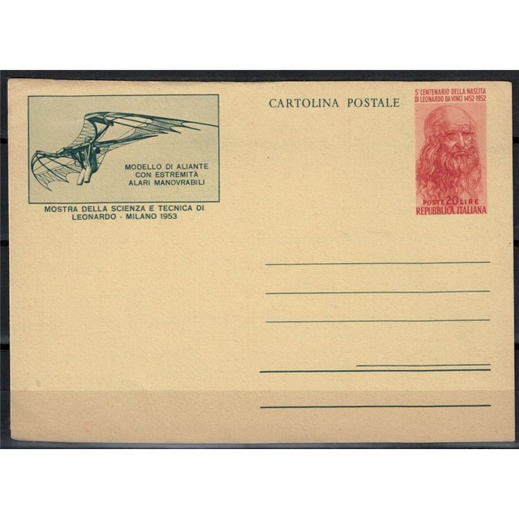 ITALY 1953 Leonardo da Vinci, glider £20 red, mint postal card