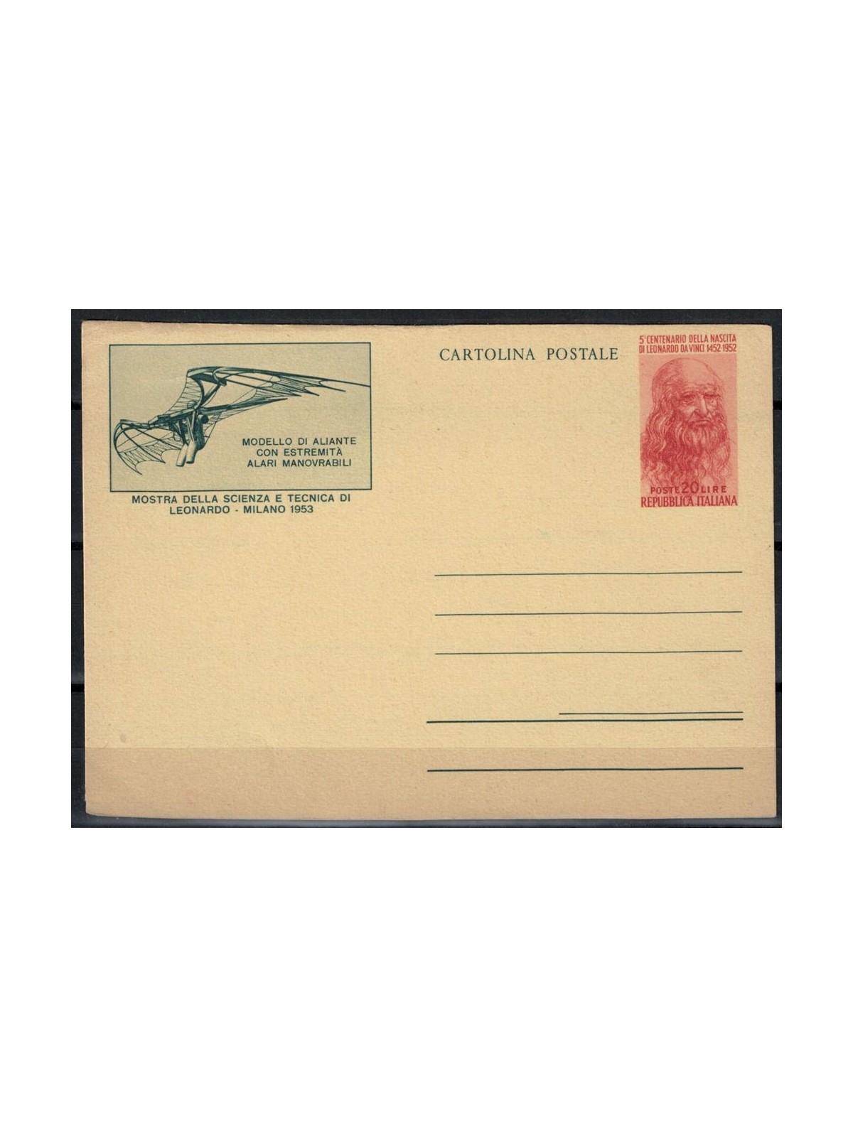 ITALY 1953 Leonardo da Vinci, glider £20 red, mint postal card