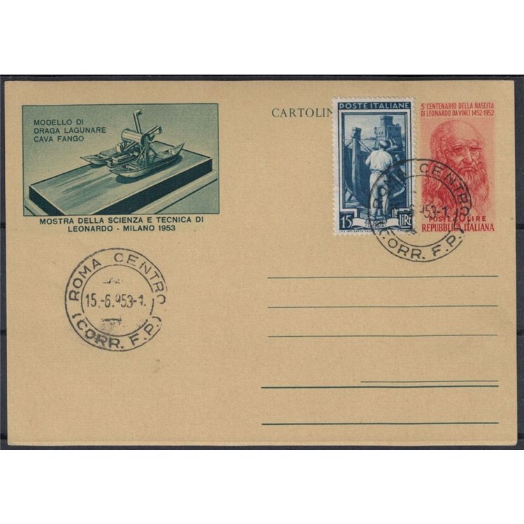 ITALY 1953 Leonardo da Vinci, lagoon dredger £20 red, FDC Postcard