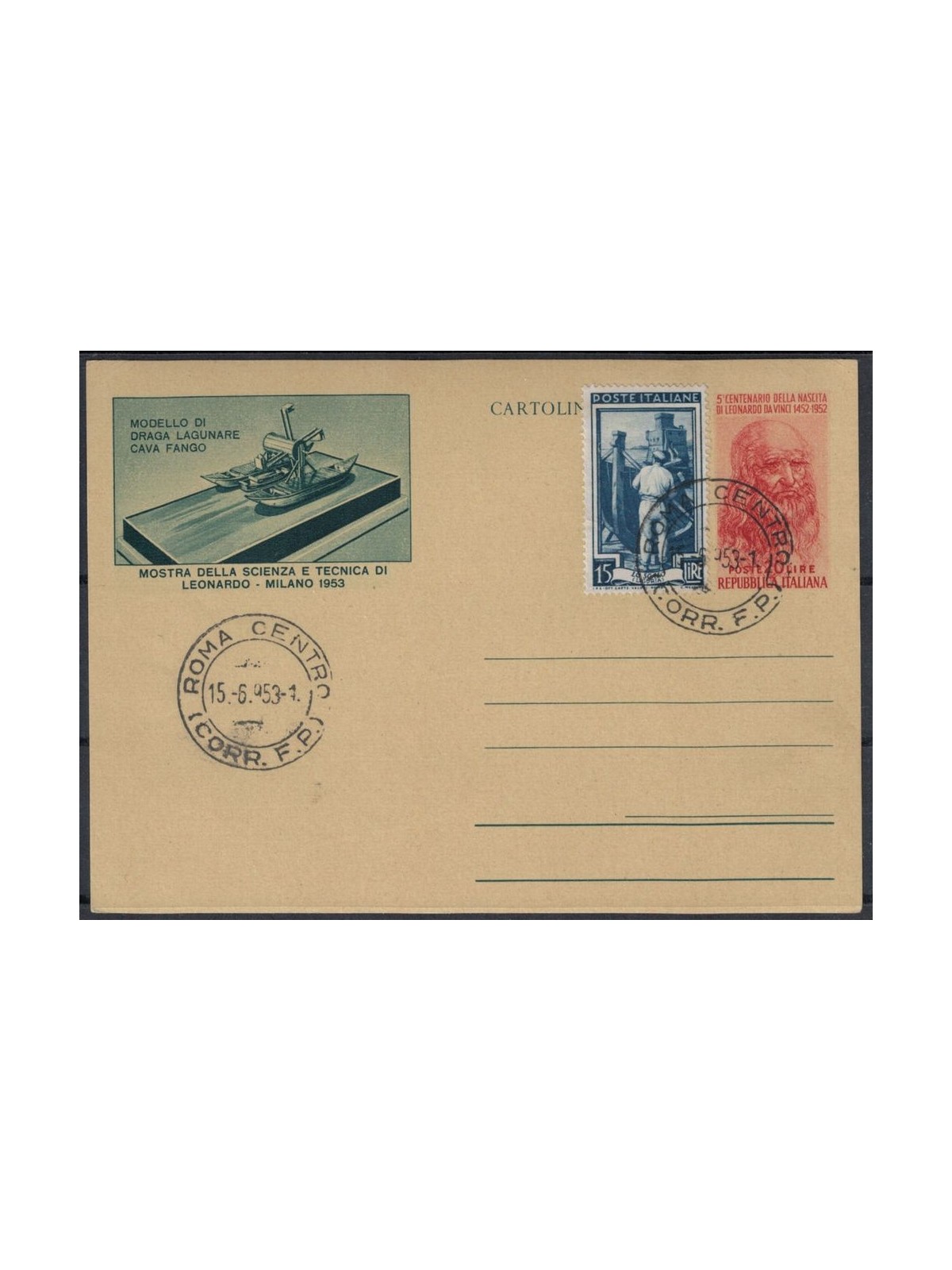ITALY 1953 Leonardo da Vinci, lagoon dredger £20 red, FDC Postcard