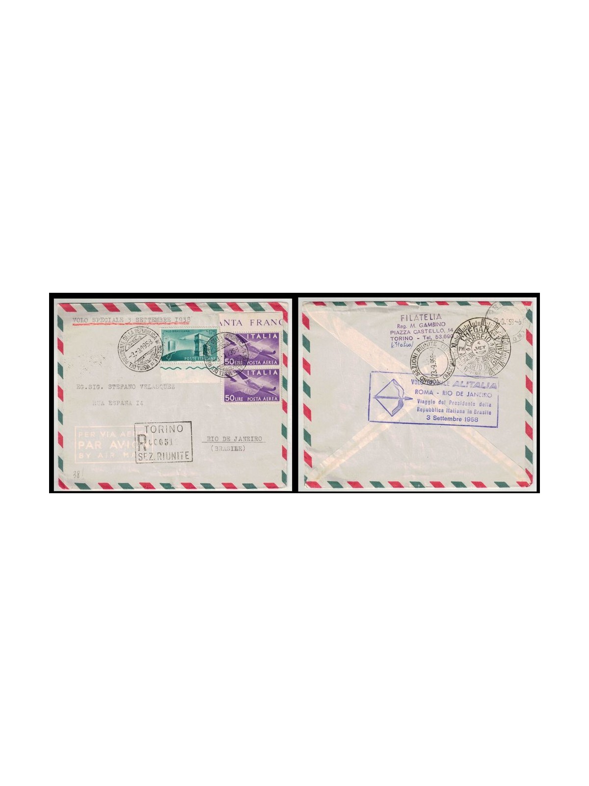 ITALY 1958 Aerogram Flight Presid. Gronchi in Brazil s/s