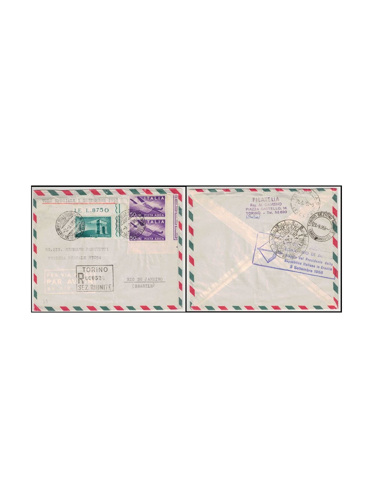 ITALY 1958 Aerogram Flight Presid. Gronchi in Brazil af