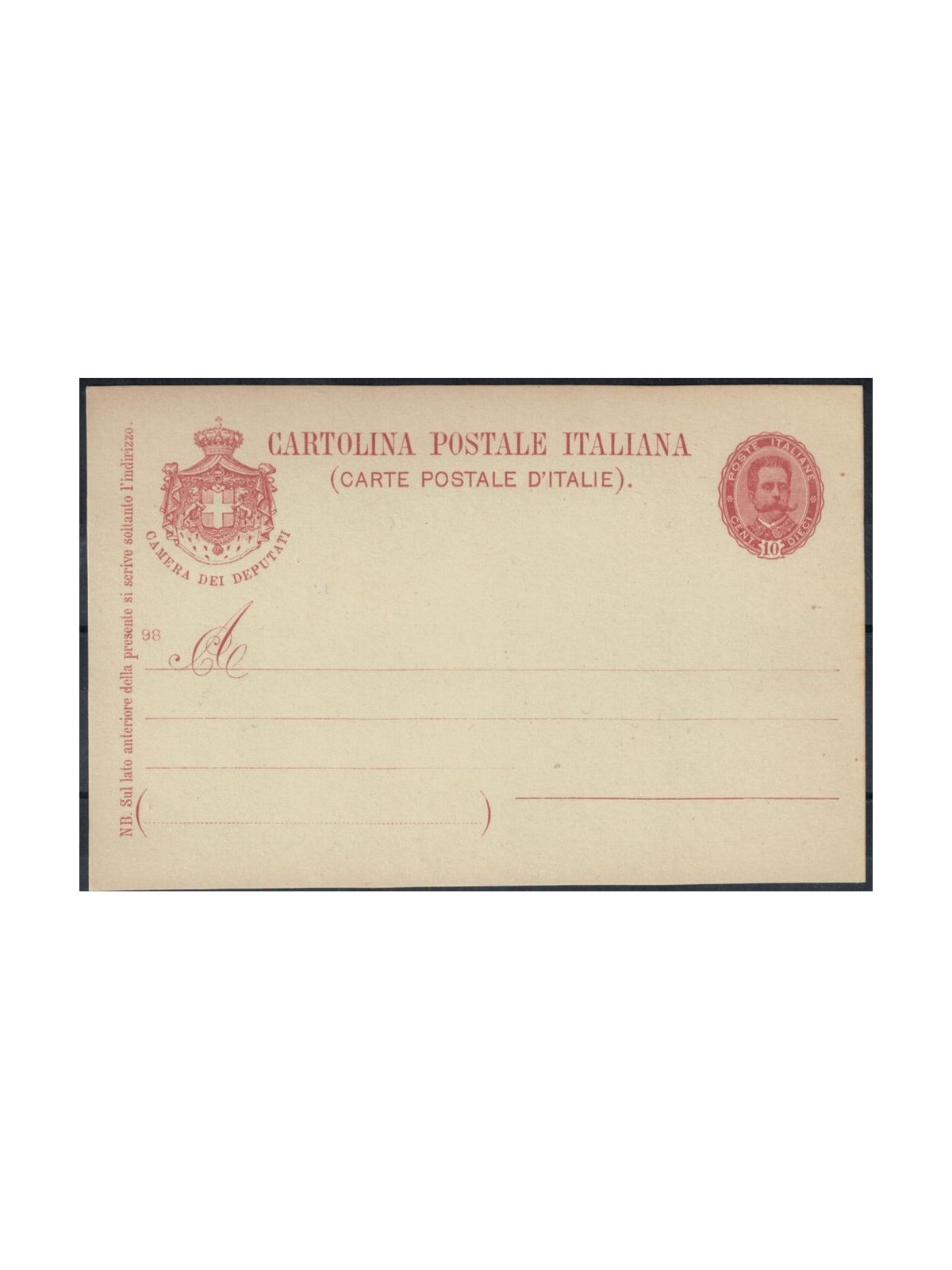 ITALY KINGDOM 1896 Postcard for Deputies 10 Cent. mill 98 new