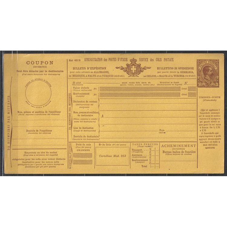 ITALIA REGNO 1888 Umberto I, Bollettino Pacchi Postali £ 1,75 nuovo