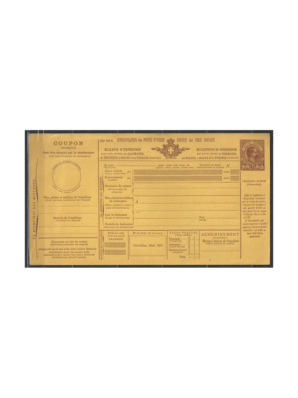 ITALIA REGNO 1888 Umberto I, Bollettino Pacchi Postali £ 1,75 nuovo