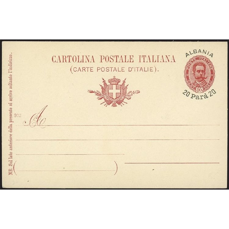 ALBANIA 1902 SCUTARI Cartolina Postale Effigie ovale 20p. su 10c. mill 902 nuova