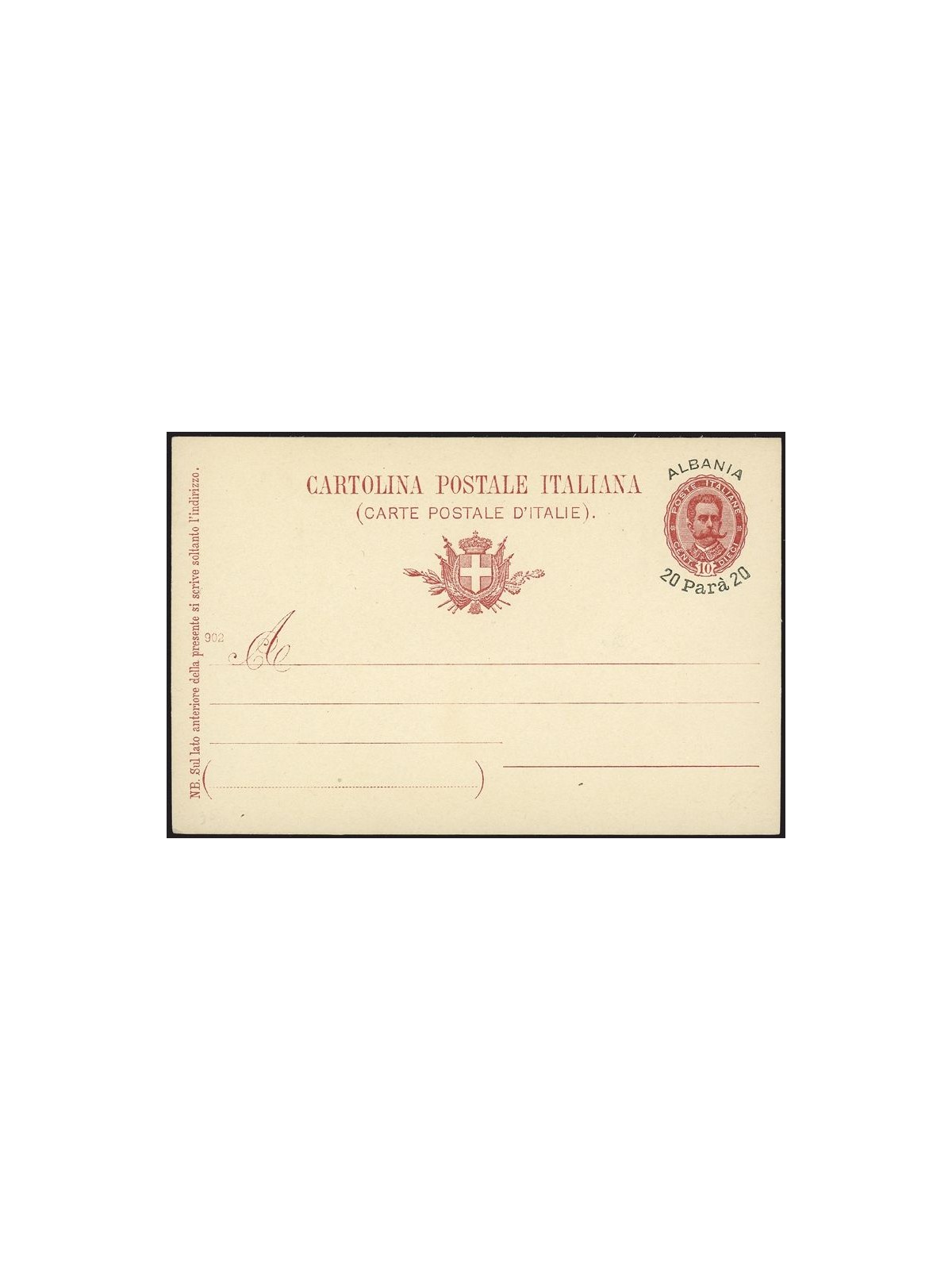 ALBANIA 1902 SCUTARI Cartolina Postale Effigie ovale 20p. su 10c. mill 902 nuova