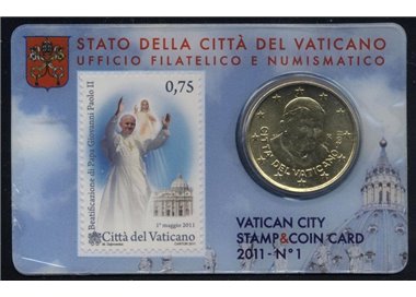 VATICAN 2011 Stamp & Coin Card n° 1 Beatification of Pope John Paul II