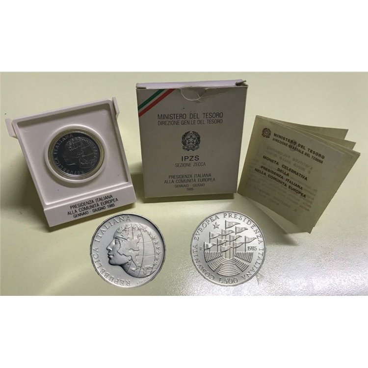 ITALIA 1985 Presidenza Italiana CEE, Moneta £ 500 in argento FDC