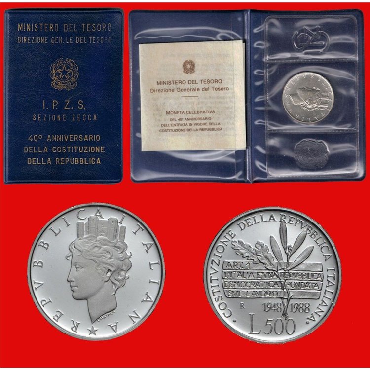 ITALY 1988 Anniversary of the Constitution, £500 Silver Coin UNC