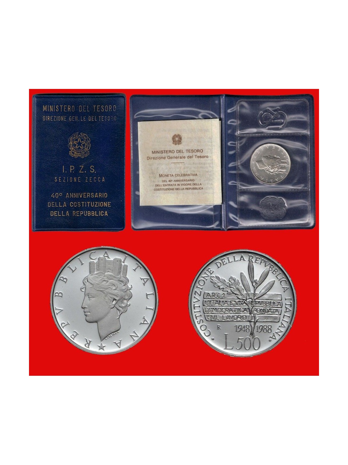 ITALIA 1988 Anniversario Costituzione, Moneta £ 500 in argento FDC