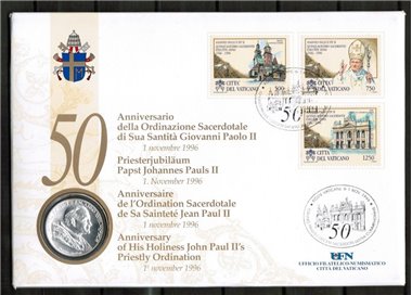 VATICANO 1996 ANNIVERSARIO SACERDOTALE GIOVANNI PAOLO II 500£ FDC