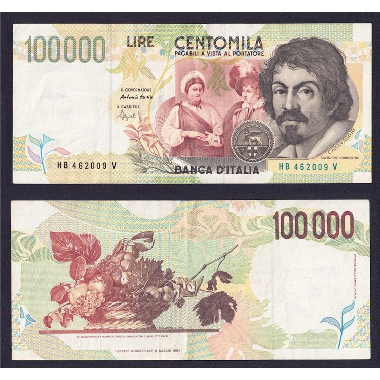 ITALY 1994 £100,000 Caravaggio Banknote (circulated) (2)