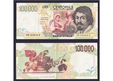 ITALY 1994 £100,000 Caravaggio Banknote (circulated) (2)