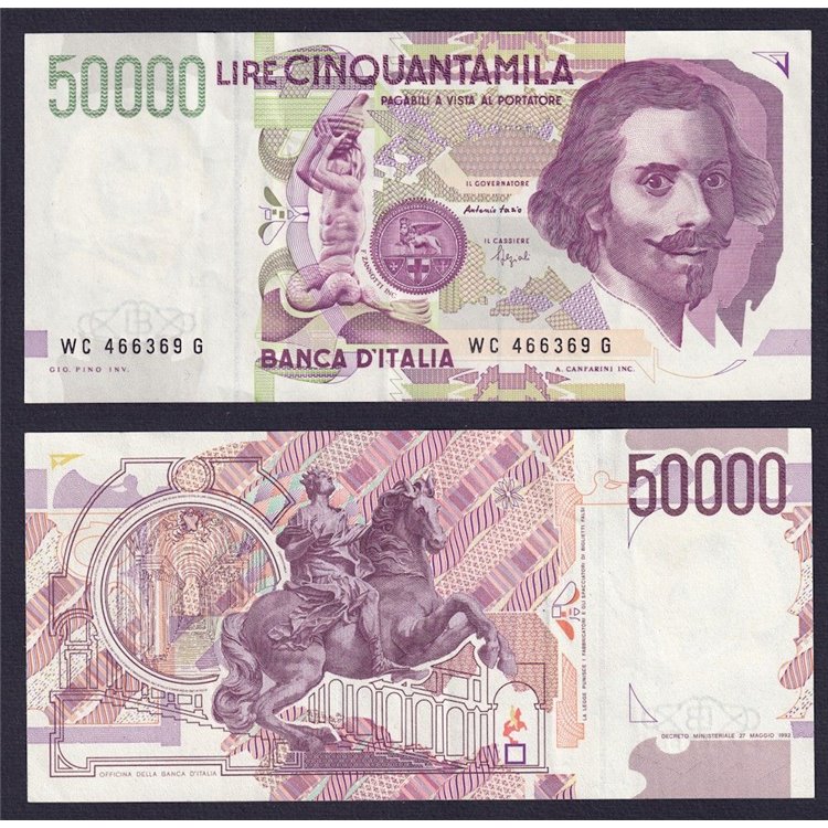 ITALY 1992 £50,000 Bernini Banknote (circulated) (2)
