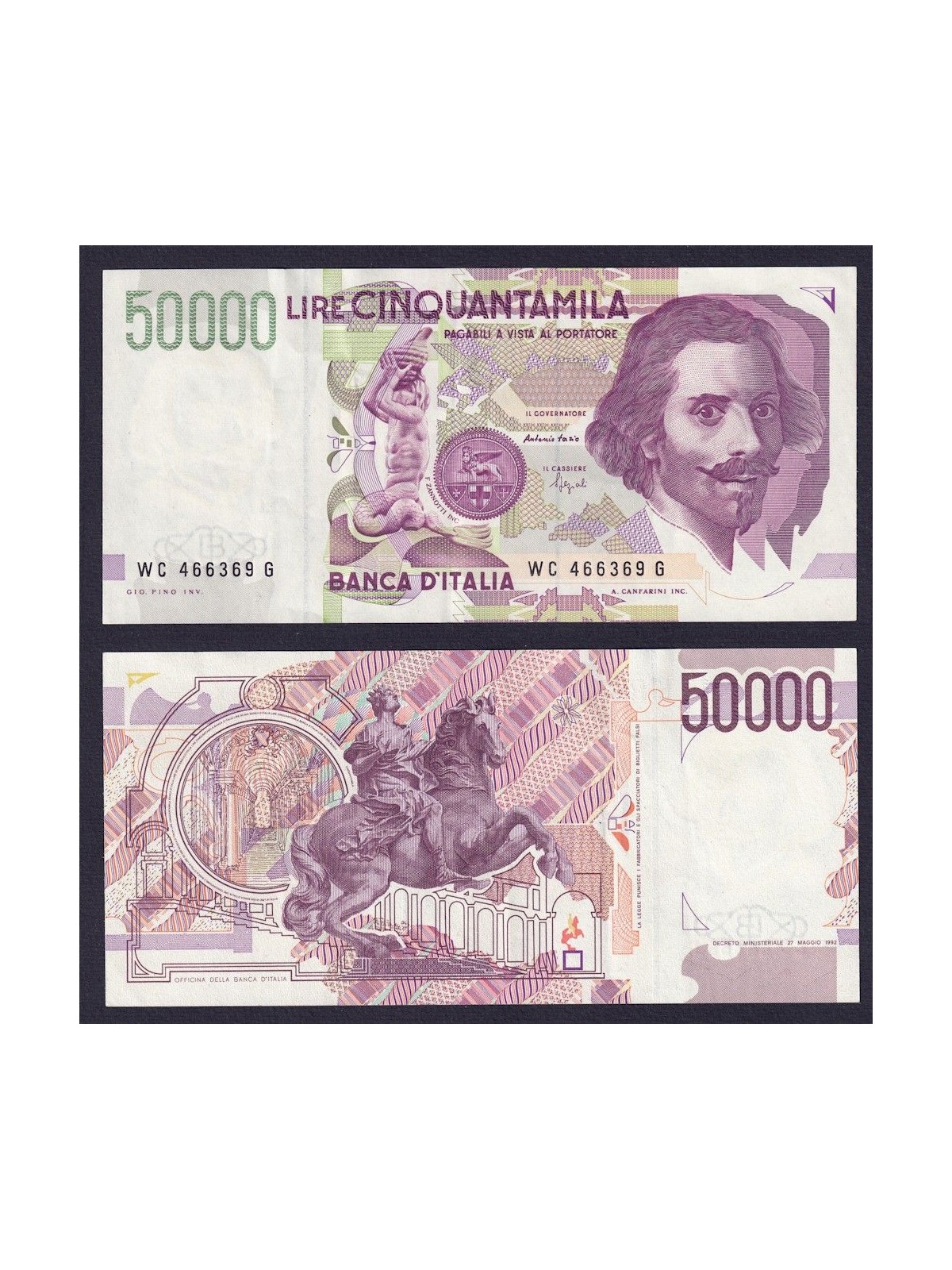 ITALY 1992 £50,000 Bernini Banknote (circulated) (2)