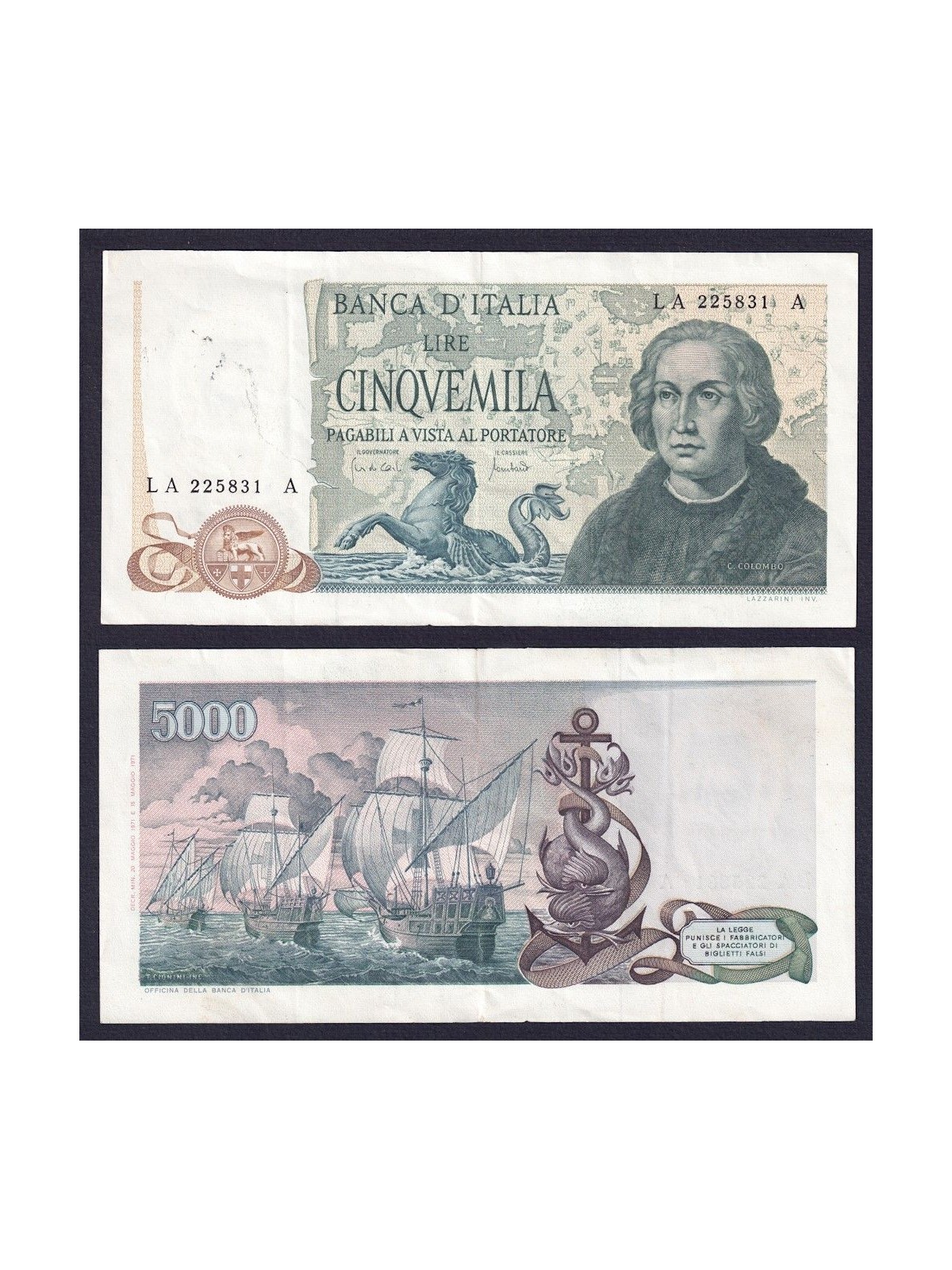 ITALIA 1971 Banconota £ 5.000 Colombo (circolata)