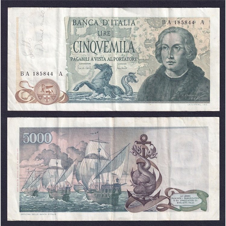 ITALY 1971 £5,000 Colombo Banknote (circulated) (2)
