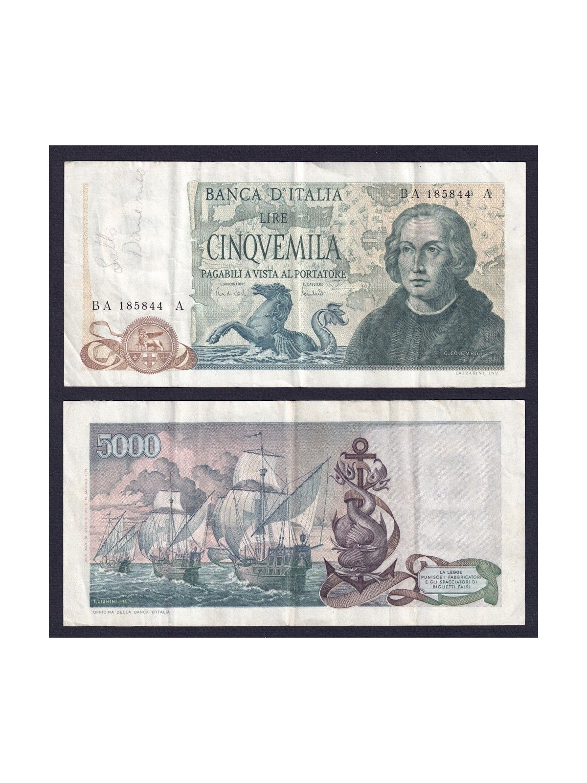 ITALY 1971 £5,000 Colombo Banknote (circulated) (2)