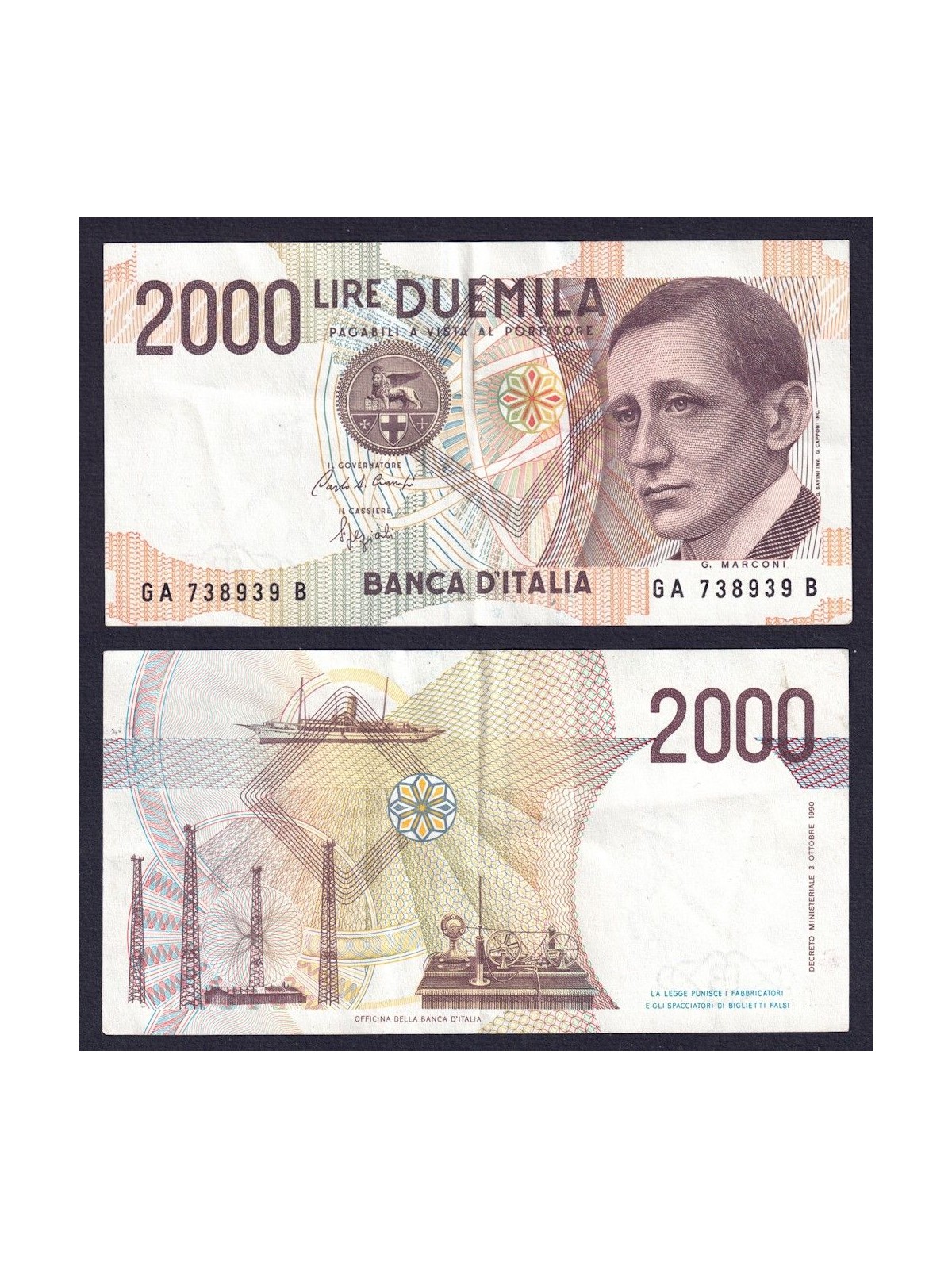 ITALY 1990 Banknote £2,000 Decree 3 October 1990 (circulated) (2)