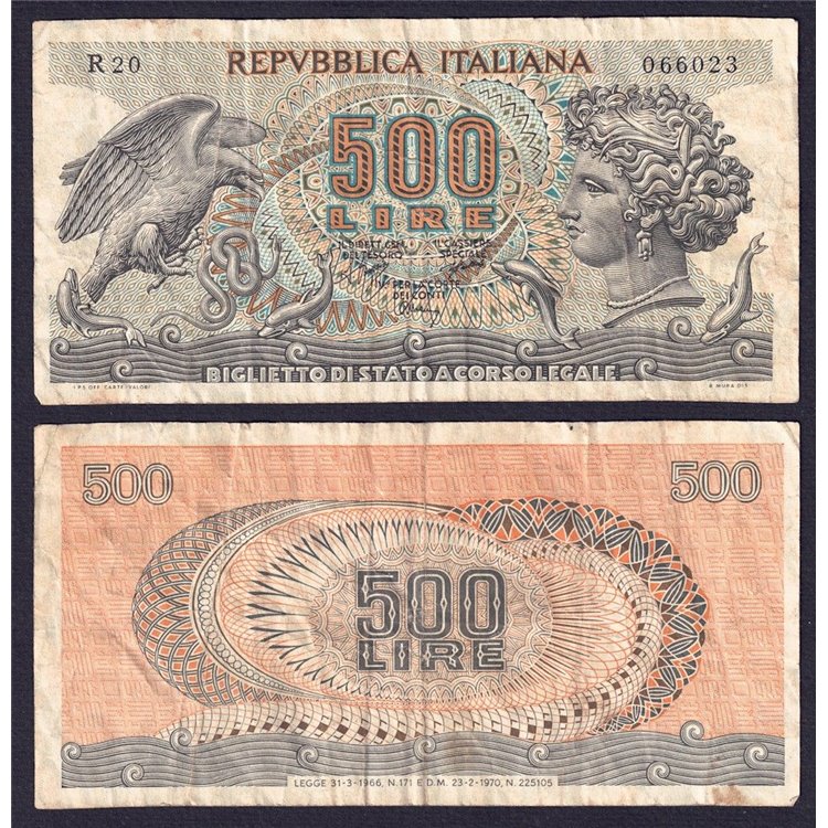 ITALIA 1970 Banconota £ 500 Aretusa (circolata)