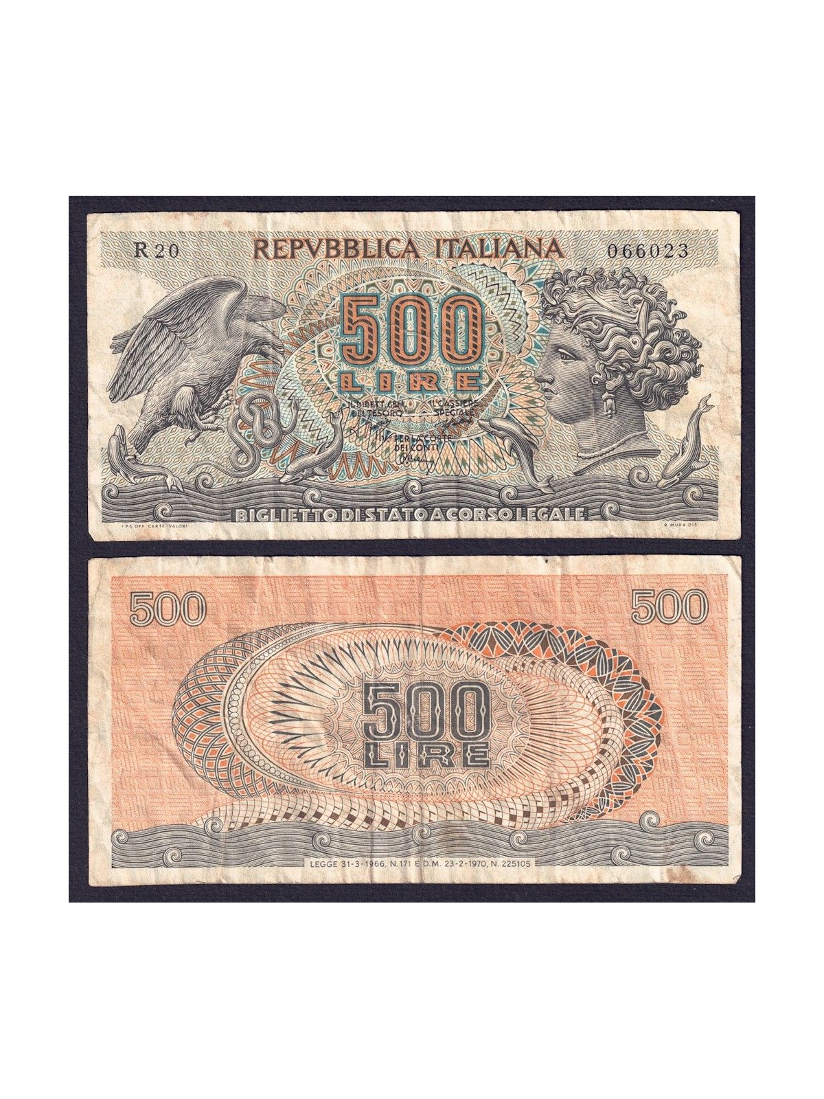 ITALY 1970 £500 Arethusa Banknote (circulated)