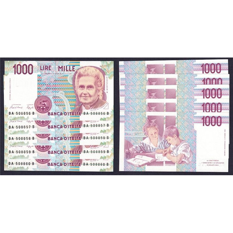 ITALY 1990 £1,000 Montessori Banknote (Lot of 5)