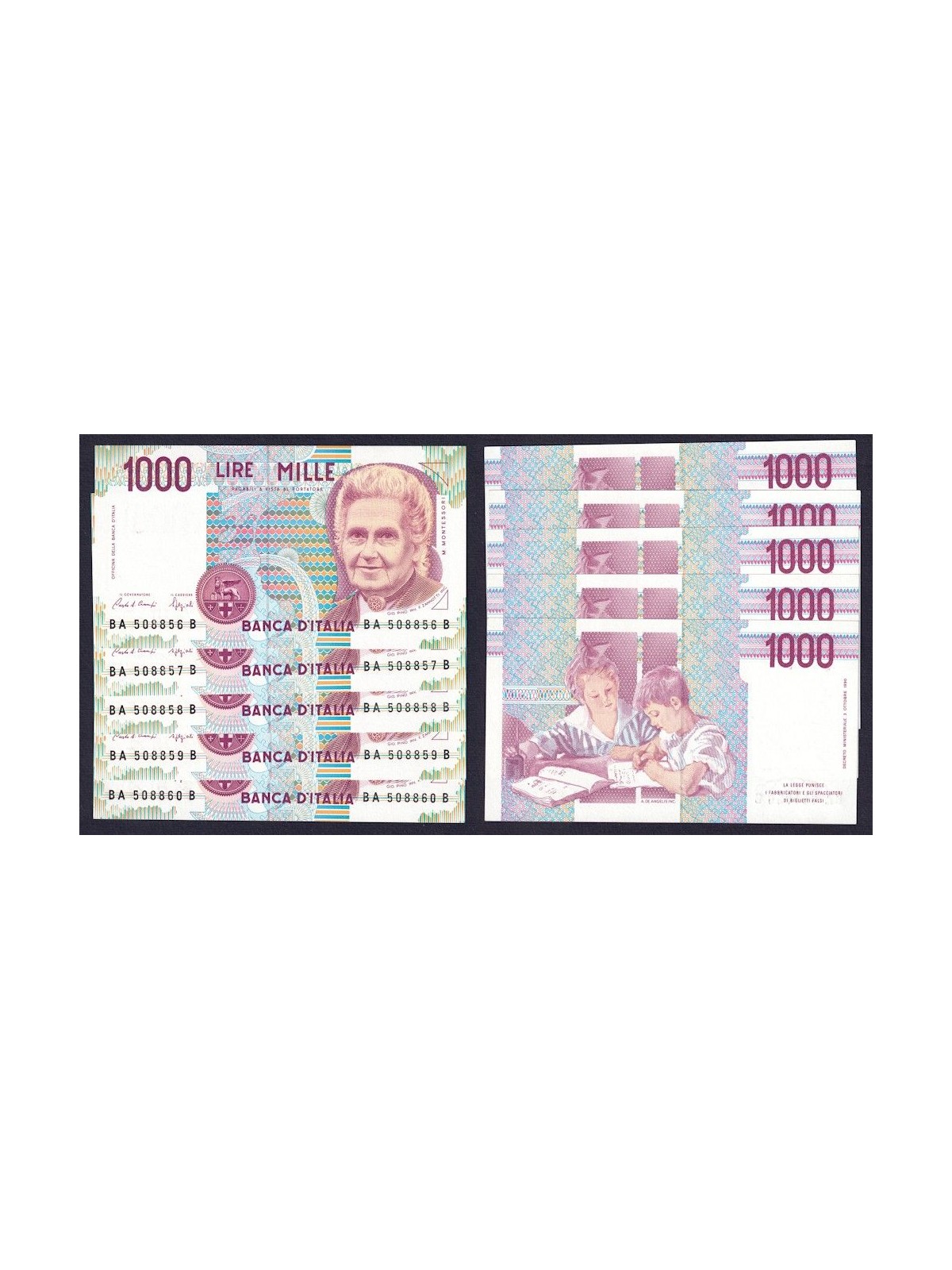 ITALY 1990 £1,000 Montessori Banknote (Lot of 5)