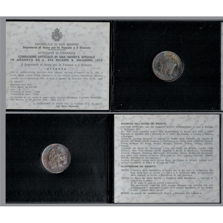 SAN MARINO 1975 Scalpellino, moneta da 500 £ in argento FDC