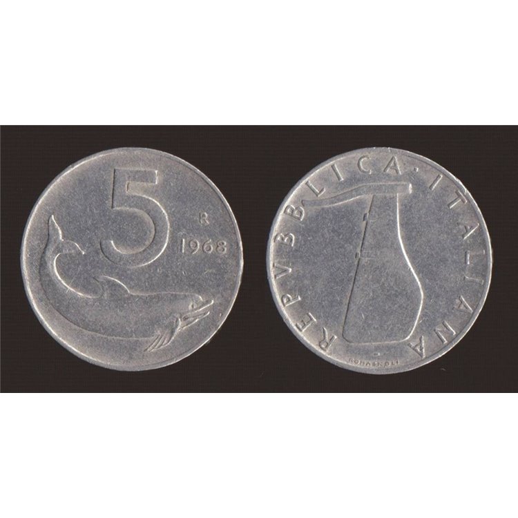 ITALY 1968 Dolphin, £5 coin UNC
