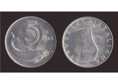 ITALIA 1969 Delfino, moneta £ 5 FDC Unc