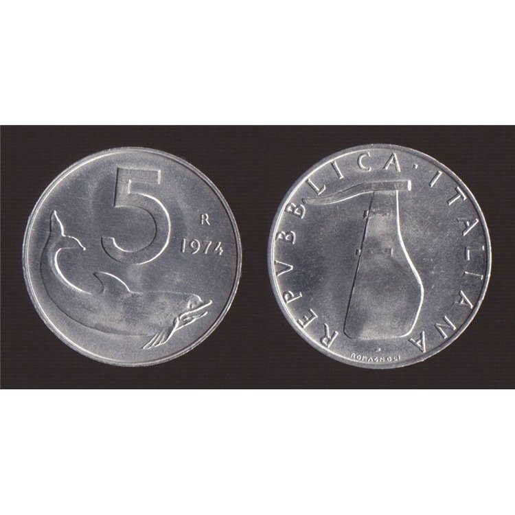 ITALY 1974 Dolphin, £5 coin FDC Unc