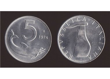 ITALY 1974 Dolphin, £5 coin FDC Unc