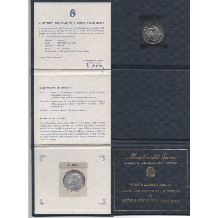 ITALY 1975 Michelangelo, £500 silver coin UNC
