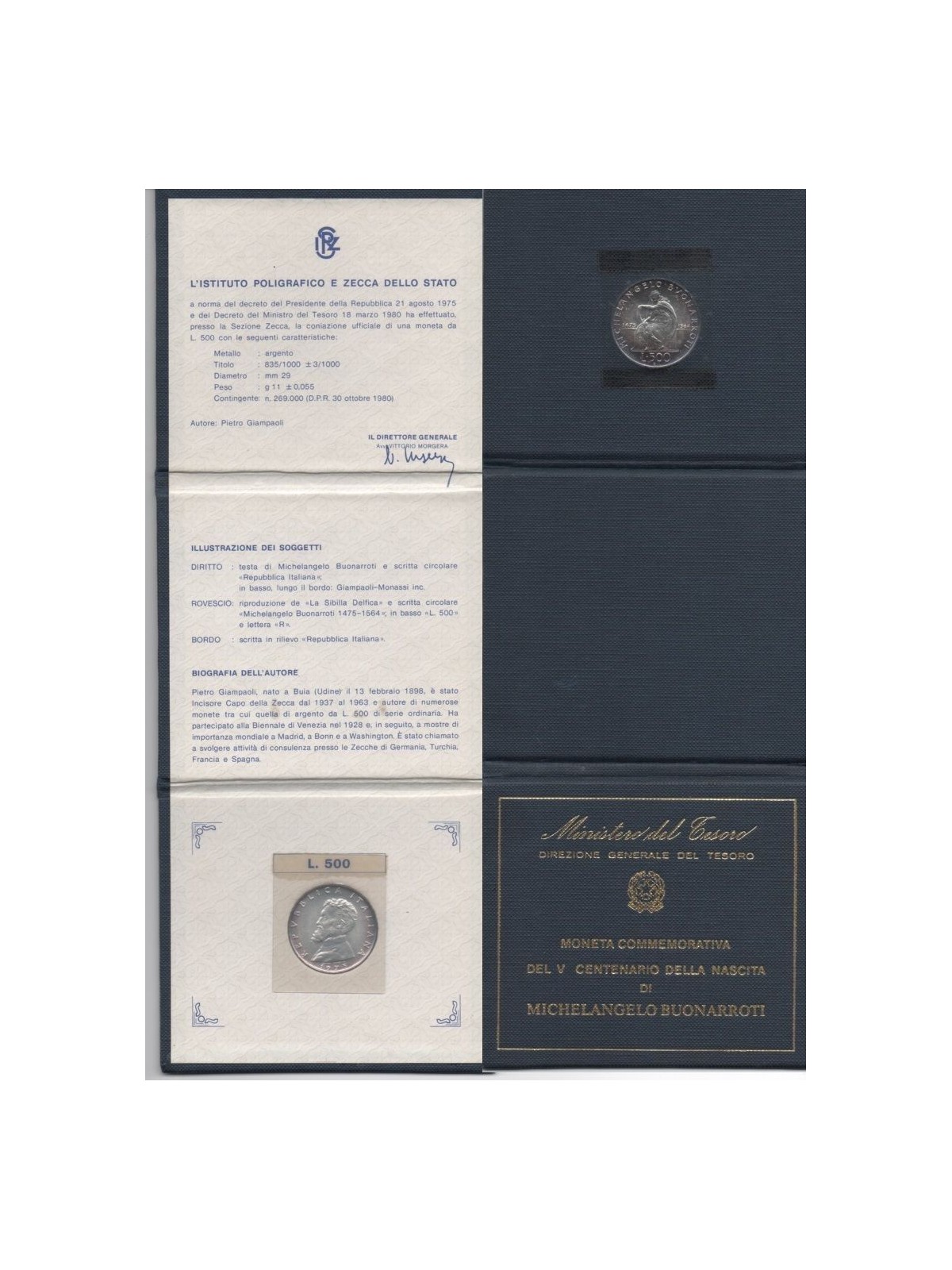 ITALIA 1975 Michelangelo, Moneta £ 500 in argento FDC
