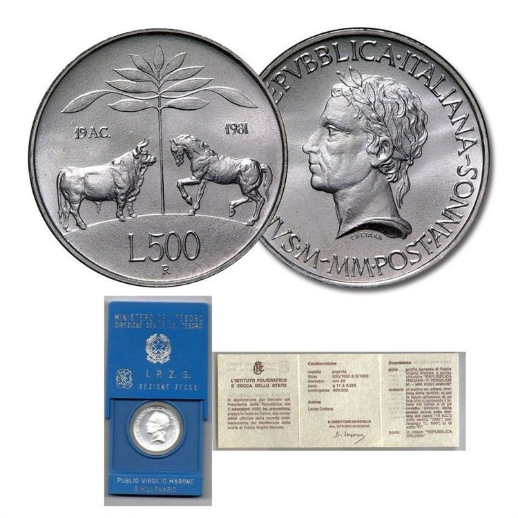 ITALY 1981 Virgil, £500 silver coin UNC