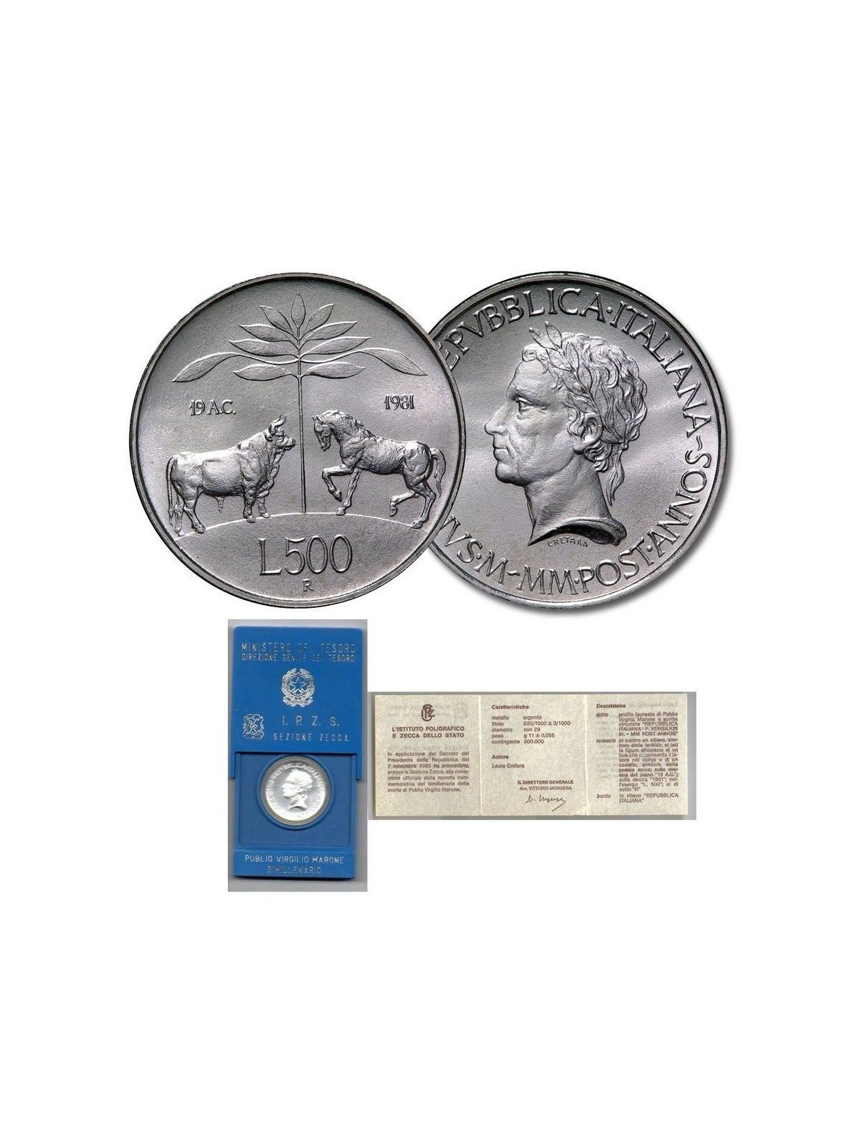 ITALIA 1981 Virgilio, Moneta £ 500 in argento FDC