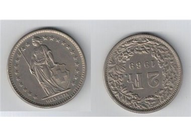 SWITZERLAND 1969 2 FRANCS KM 21a.1