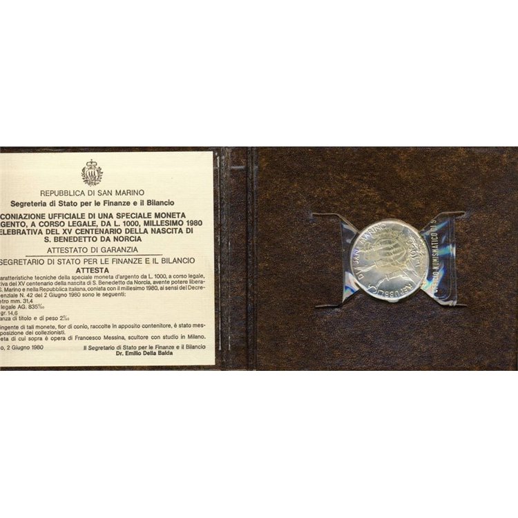 SAN MARINO 1980 Saint Benedict of Norcia, £1000 silver coin UNC