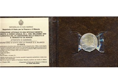 SAN MARINO 1980 Saint Benedict of Norcia, £1000 silver coin UNC