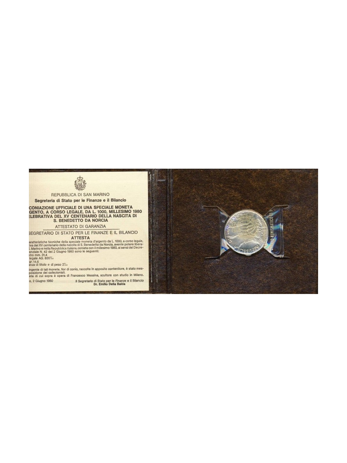 SAN MARINO 1980 Saint Benedict of Norcia, £1000 silver coin UNC