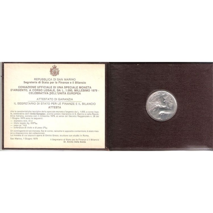 SAN MARINO 1979 United Europe, £1000 Silver Coin UNC